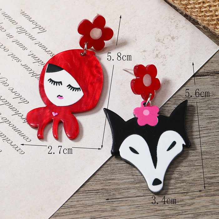 Wholesale Acrylic Cartoon Asymmetric Earrings Big Bad Wolf Little Red Riding Hood Fashion Accessory