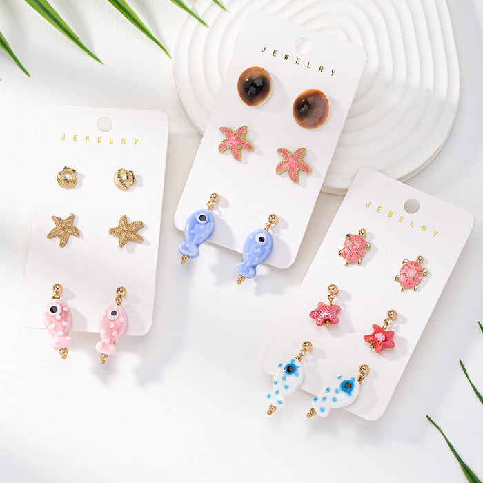 Wholesale Qingdao Daiwei European and American Ins Popular Jewelry Cross-Border E-Commerce Supply 3 Pairs of Shell Starfish Ceramic Fish Earrings Set