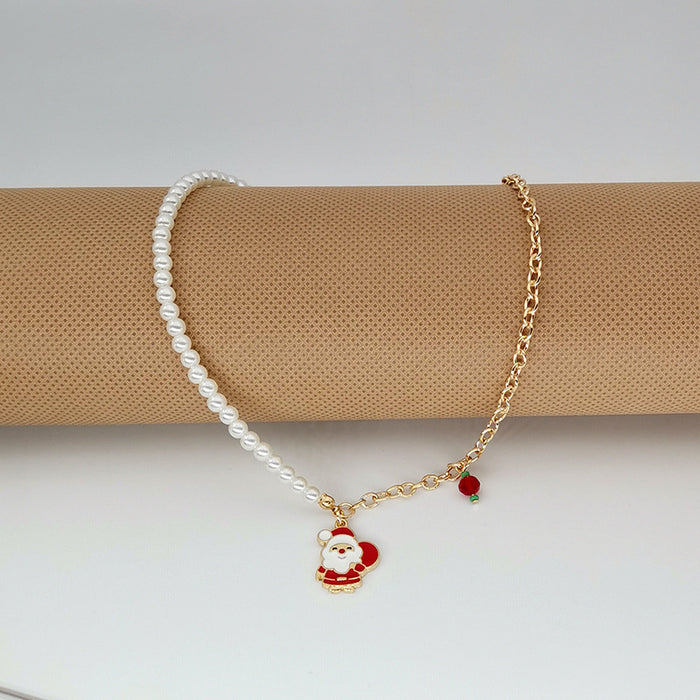 Wholesale Christmas Necklace Alloy Dripping Oil  Snowflake Bell Pearl Christmas Necklace