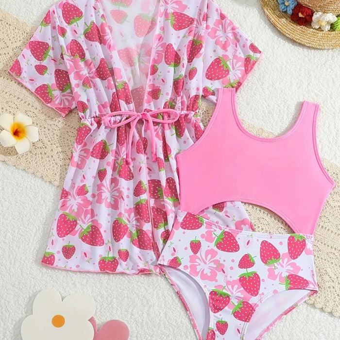 Wholesale Girls' and children's swimsuit one-piece gauze skirt two-piece set pink berry print pink tender princess vacation swimsuit