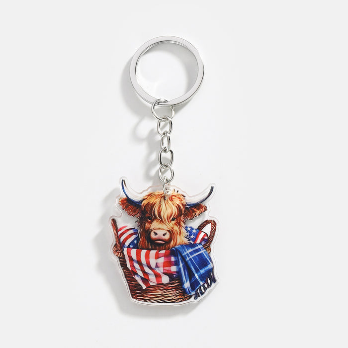 Wholesale 12PCS American Independence Day Acrylic Highland Cow Keychain JDC-KC-HuiWen008