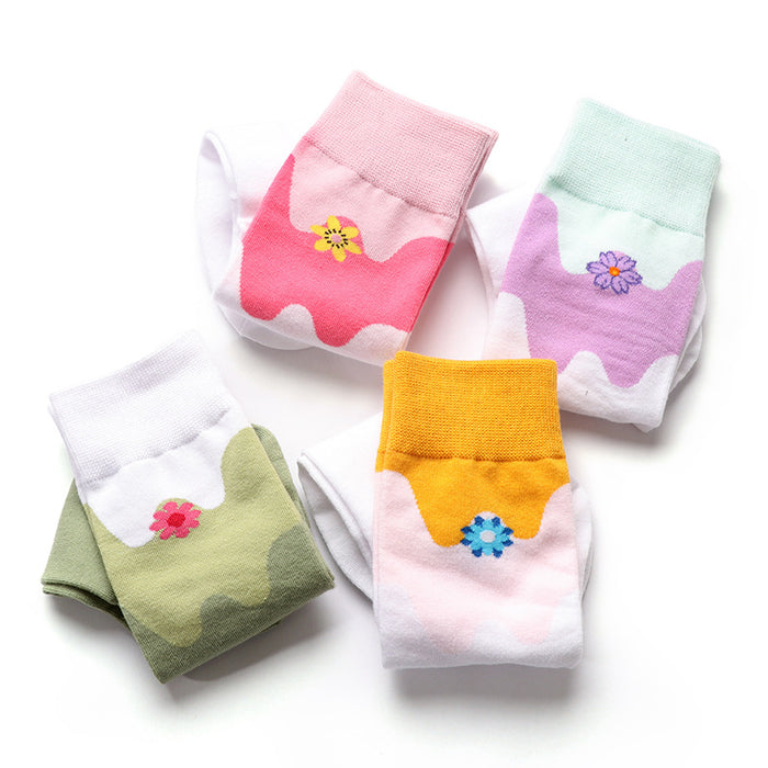 Wholesale Color blocked design with a minimalist mid tube cotton socks, fresh and thin women's socks
