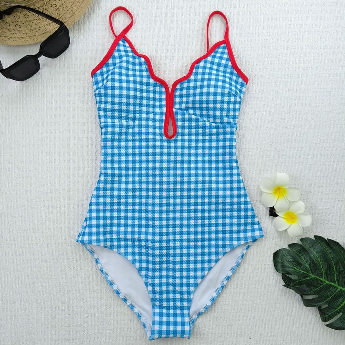 Wholesale Single piece checkered triangular swimsuit for women, embroidered red dress, vacation hot spring