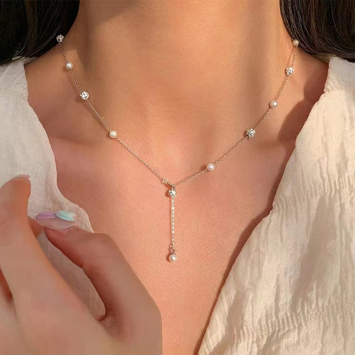 Wholesale Titanium steel pearl bead necklace new light luxury design collarbone chain niche versatile sweater chain accessory