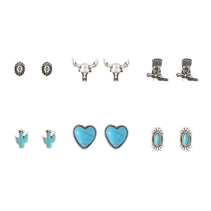 Wholesale Trendy Bohemian Turquoise Bull Head Flower Earrings For Women Alloy Handmade Jewelry Accessory Boutique Resale