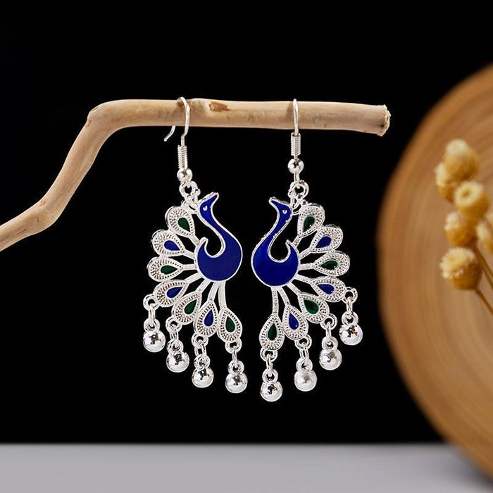 Wholesale Cloisonne Peacock earrings  silver minority totem Phoenix bell earrings