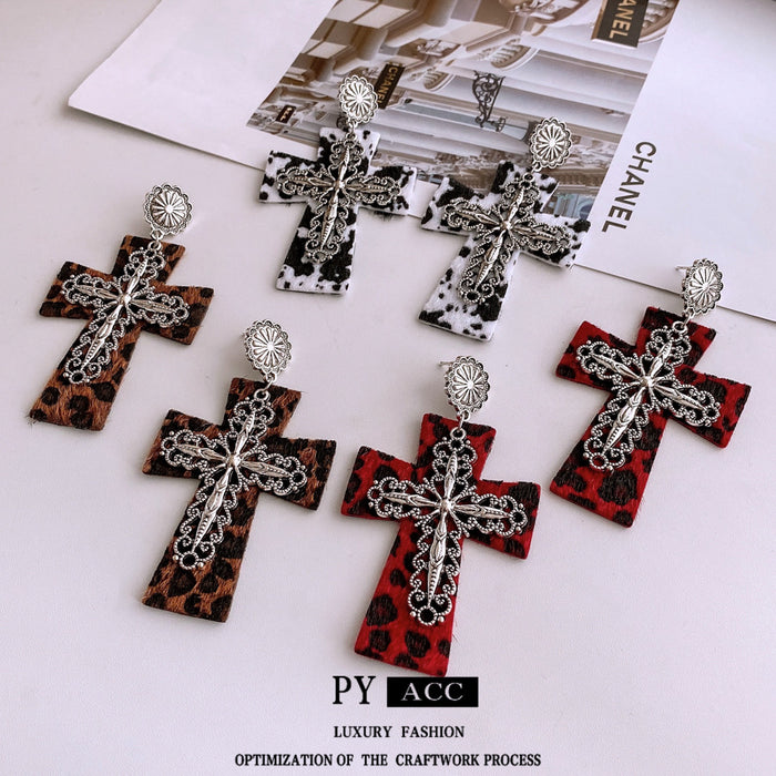 Wholesale Western-style leather leopard print cross earrings