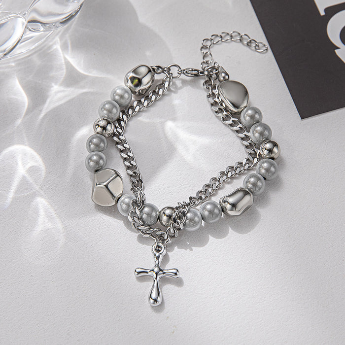 Wholesale Double Layer Pearl Cross Titanium Steel Bracelet JDC-BT-ChenYuan001