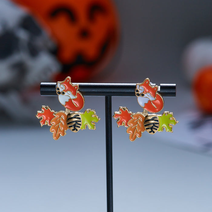 Wholesale Autumn Pumpkin Pinecone Maple Fox Dangle Earrings Drop Oil Double Layer Jewelry Accessory