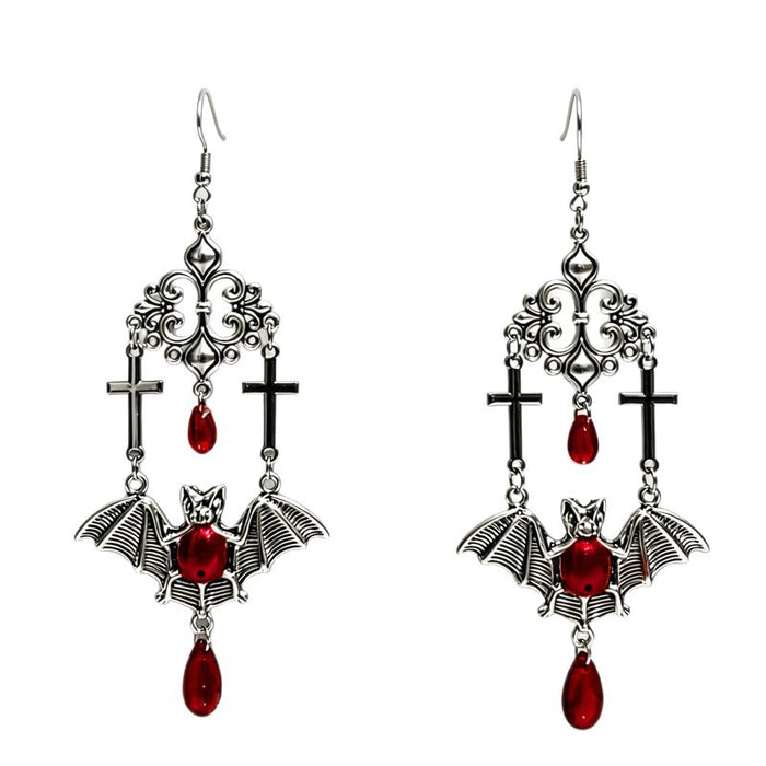 Wholesale Gothic Bat Cross Drop Earrings Red Teardrop Beads Vampire Vintage Jewelry Accessory Party Gift