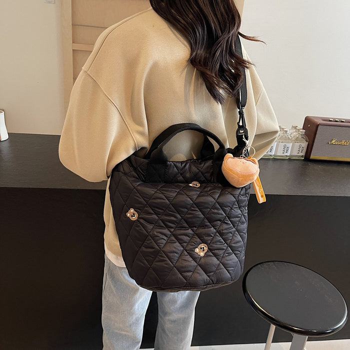 Wholesale Cute Bear Embroidered Large Capacity Portable Bucket Bag Autumn and Winter Rhombic Plaid Cotton-padded Suit Shoulder Bag Trendy Crossbody Bag