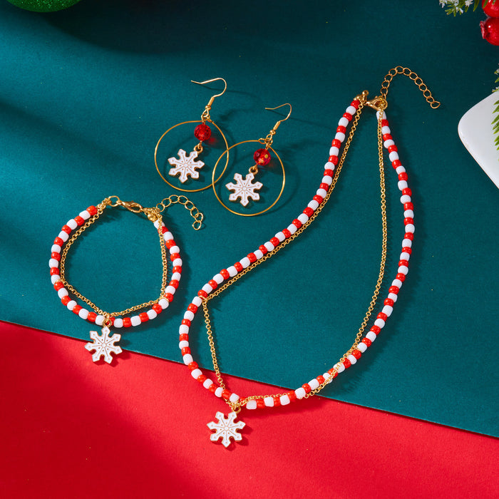 Wholesale Christmas Snowflake Elk Pendant Women' s Retro Color block Rice Bead Christmas Party Necklace Bracelet Set