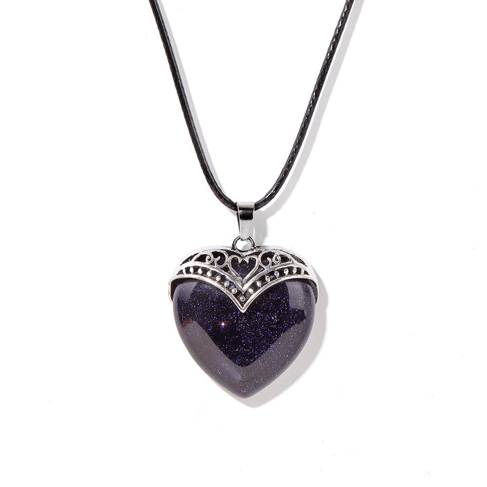 Wholesale Heart shaped pendant necklace with stone beads and tiger' s eye adjustable leather cord
