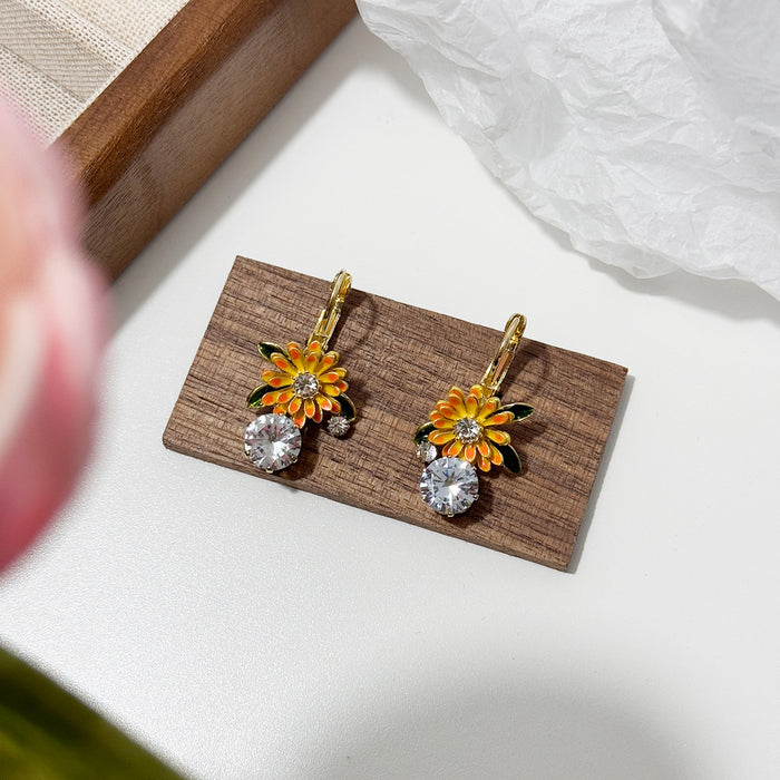 Wholesale Design Sunflower Earrings with Drip Oil Sunflower Sparkling Diamond Earrings and Earrings