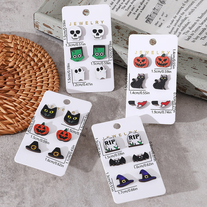 Wholesale  Bat Pumpkin Black Cat Skull Ghost Earring Set Wooden Party Earring Gift