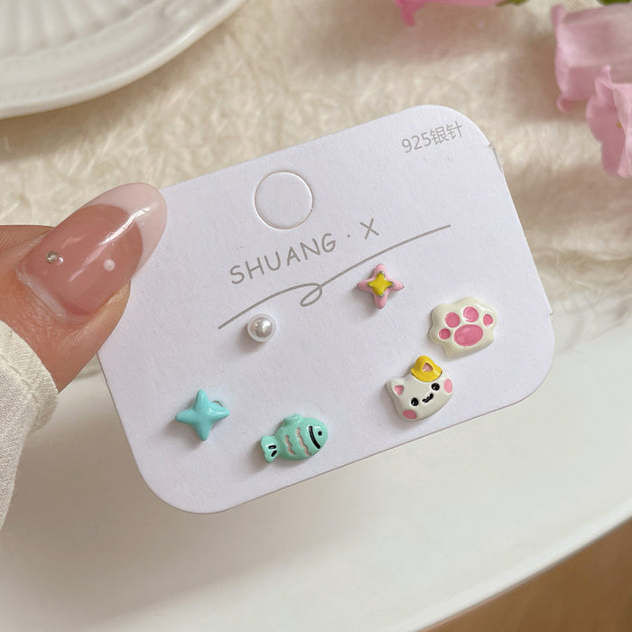 Wholesale  Cartoon Cute Earrings Three-piece Set Women's Silver Needle Children's  Beaver Earrings