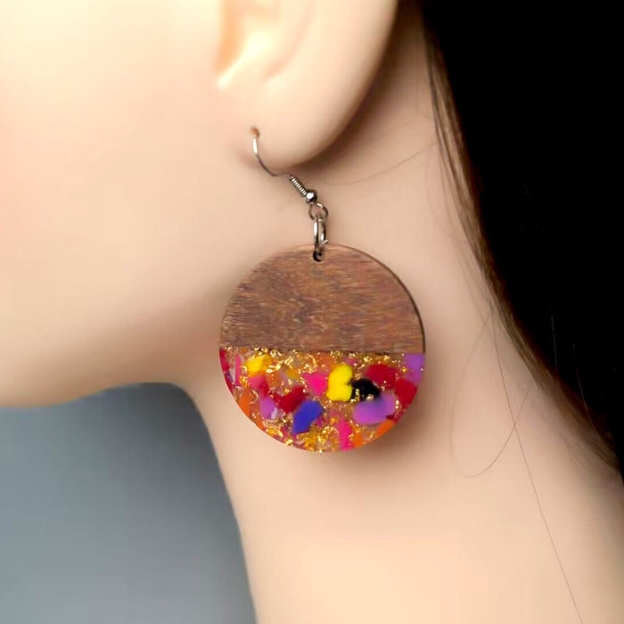 Wholesale Round Hollow Resin Crushed Natural Stone Gold Foil Wooden Earrings JDC-ES-Dagou002