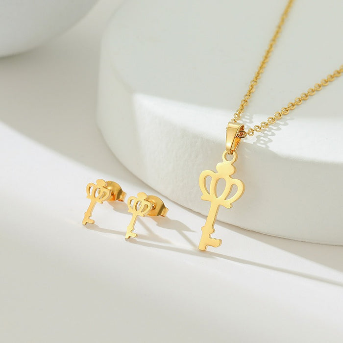 Wholesale Crown Key Necklace Earring Set Accessories Polishing Pendant Jewelry