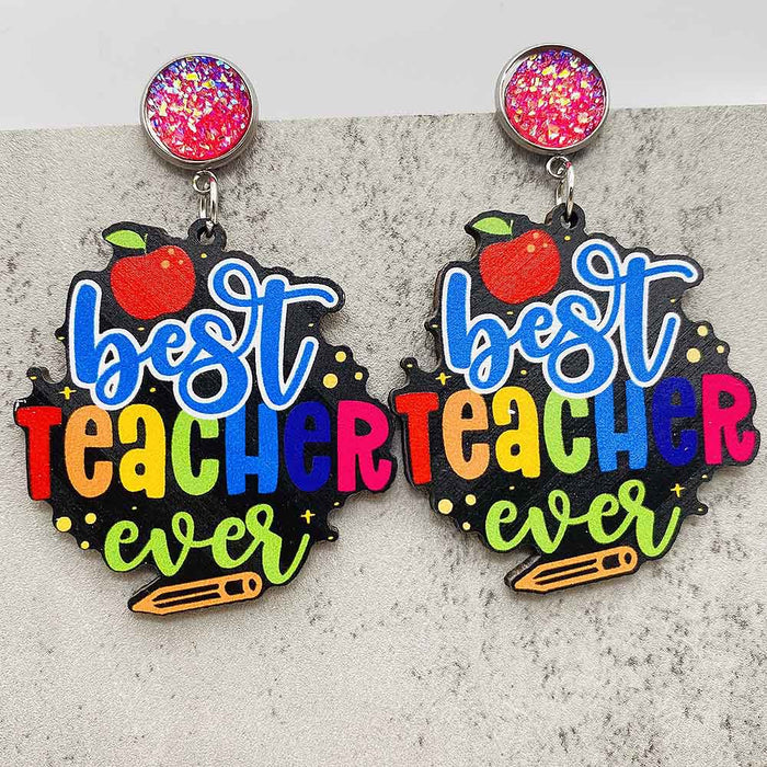 Wholesale Teacher' s Day Earrings Pencil Book Wooden Earrings Glitter Earrings