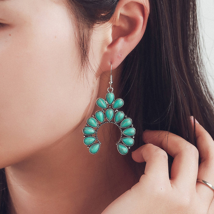 Wholesale vintage personality fan hollow turquoise earrings