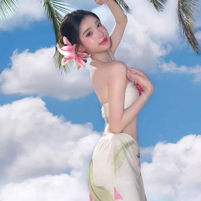 Wholesale Vacation style swimsuit set, three-dimensional flower strapless bikini three piece set