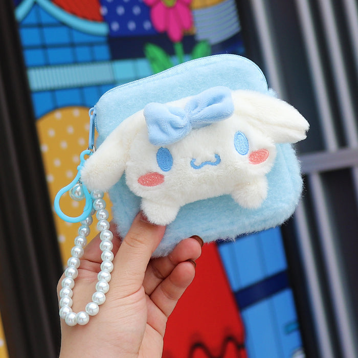 Wholesale Trendy Plush Animal Head Zipper Coin Purse With Beaded Wrist Strap Cute Gift