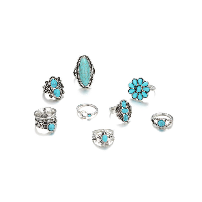 Wholesale Vintage Bohemian Turquoise 8 PCs Set Ring