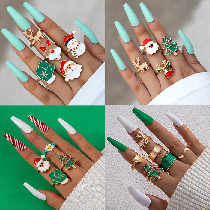 Wholesale Alloy Drip Oil Christmas Ring Set 4-Piece Geometry Snowflake Design Fashion Jewelry Accessory MOQ≥2