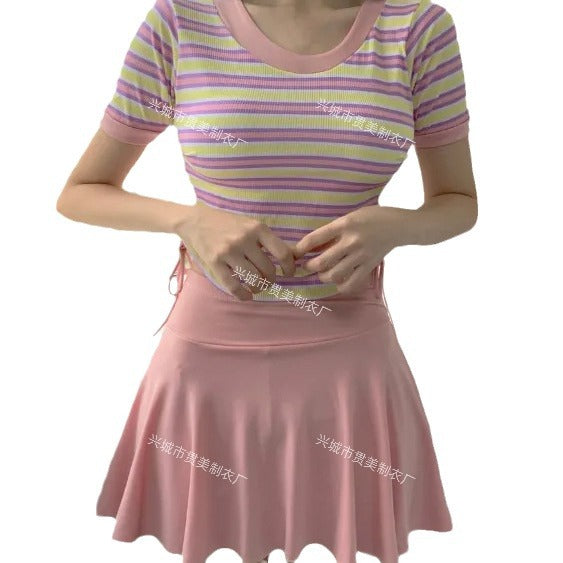 Wholesale New short sleeved conservative swimsuit, split striped hot spring skirt style swimsuit