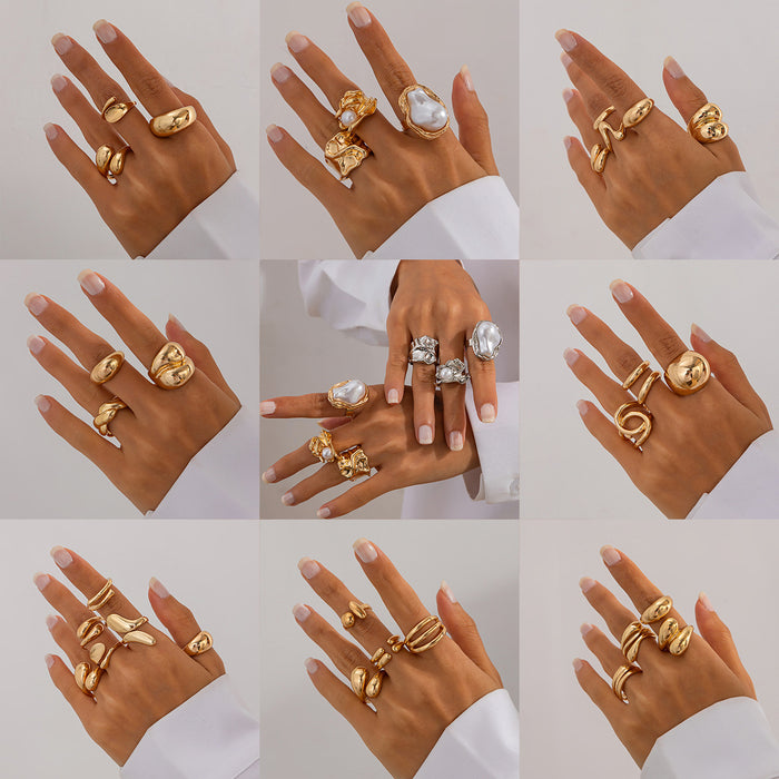 Wholesale Geometric Pearl Ring Set Personalized Liquid Metal Smooth Surface Ring