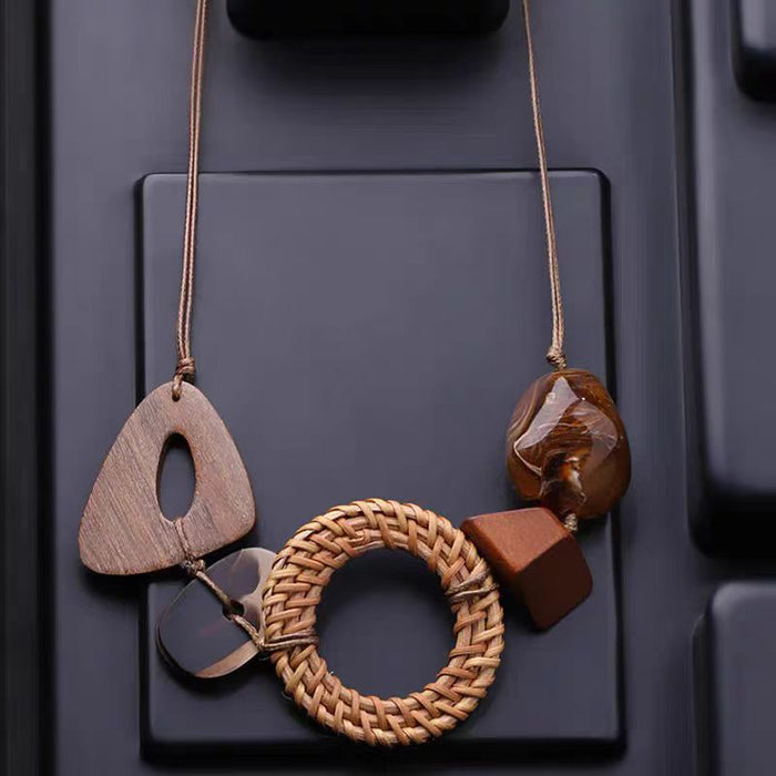 Wholesale New Geometric Wooden Handmade Necklace Light Luxury Vine Knitted Sweater Chain