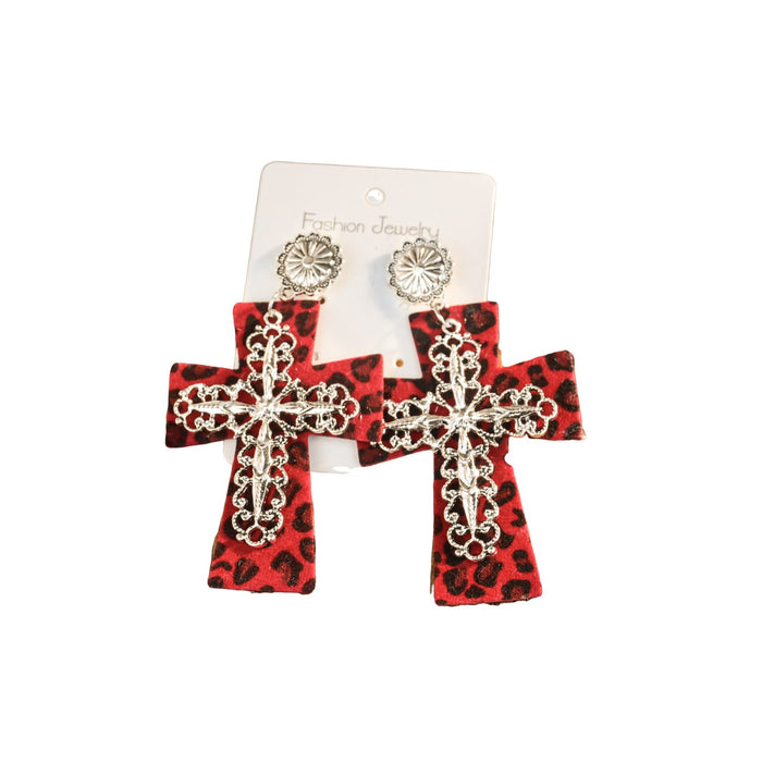 Wholesale Leather leopard print cross earrings niche design retro ing earrings