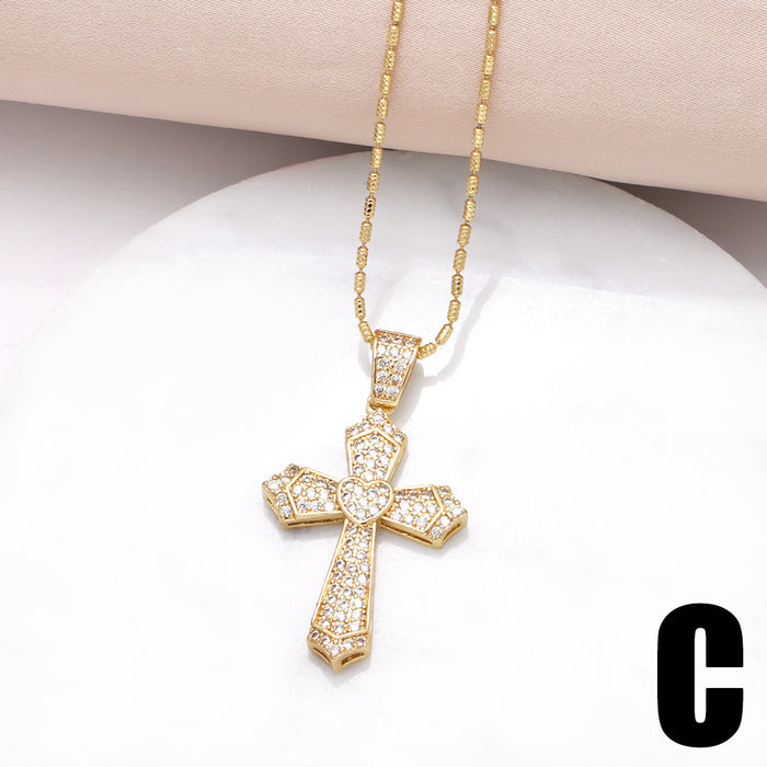 Wholesale Jewelry Cross Our Lady Pendant Necklace Gold Plated Zircon Clavicle Chain