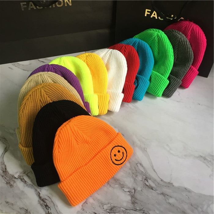 Wholesale Smiley Face Embroidery Solid Color Acrylic Knitted Wool Hat JDC-FH-YBQX006