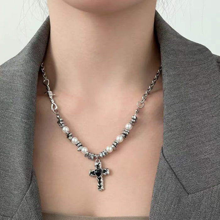 Wholesale New bead zircon heart-shaped cross necklace, street collarbone necklace, sweatshirt accessory