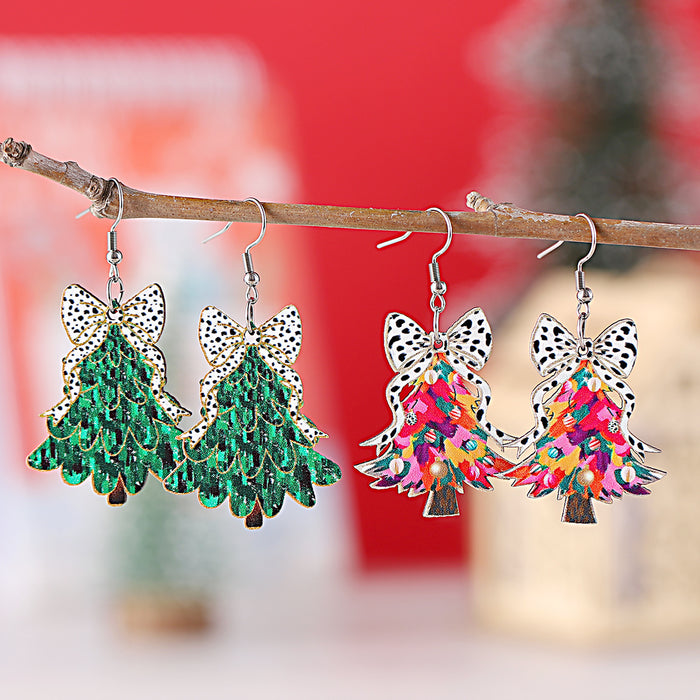 Wholesale Christmas cow print bow Christmas tree drop earrings