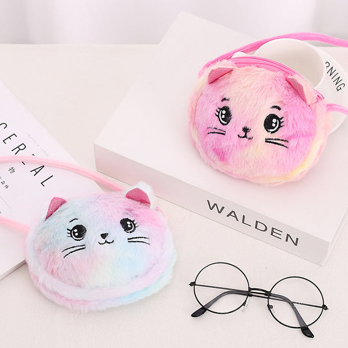 Wholesale Creative Plush Crossbody Bag Cartoon Children's Shoulder Bag Cute Cat Double Zipper Rabbit Fur Tie-Dye Small Shoulder Bag JDC-SD-SM003