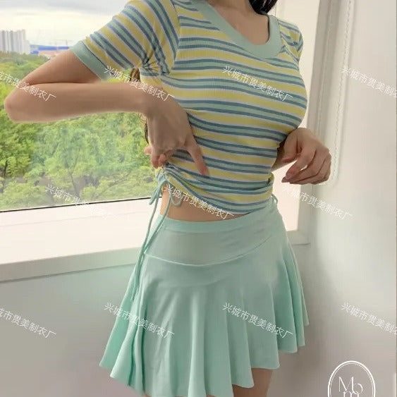 Wholesale New short sleeved conservative swimsuit, split striped hot spring skirt style swimsuit