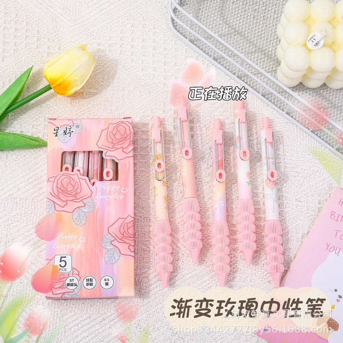 Wholesale 5pcs/set Steel Clip Pen Chandler Rose Gel Pen Quick-dry Brush Pen  Girl' s Heart Push Pen