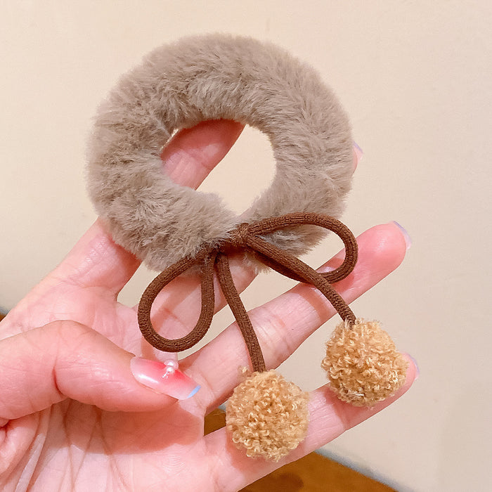 Wholesale Autumn and winter new plush hair ring head rope hair band brown fur ball bow tie terry high elastic terry