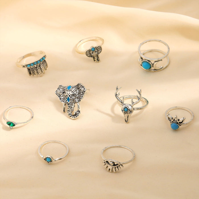 Wholesale 2pcs Retro Personalized Turquoise 9-Piece Set Ring