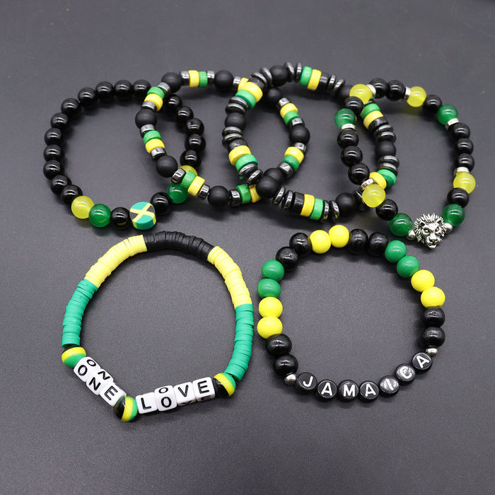Wholesale Yellow Green Red Black Jamaica Stretch Bracelet Letter Resin Black Gallstone Wooden Beads Jamaica