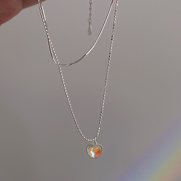 Wholesale Double layered design heart necklace with gradient gemstone peach shaped collarbone chain