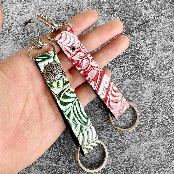 Wholesale Western Genuine Leather Embossed Keychain Retro Multi-Color Bag Pendant
