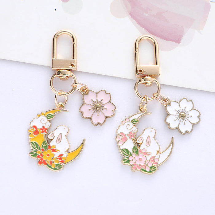 Wholesale Cherry Blossom Cute Moon Rabbit Pink Metal Keychain Bag Decoration