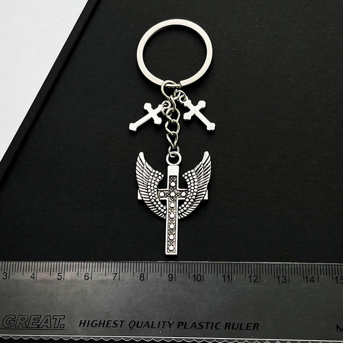 Wholesale Antique Silver Wings Cross Alloy Keychain JDC-KC-LuNeng003