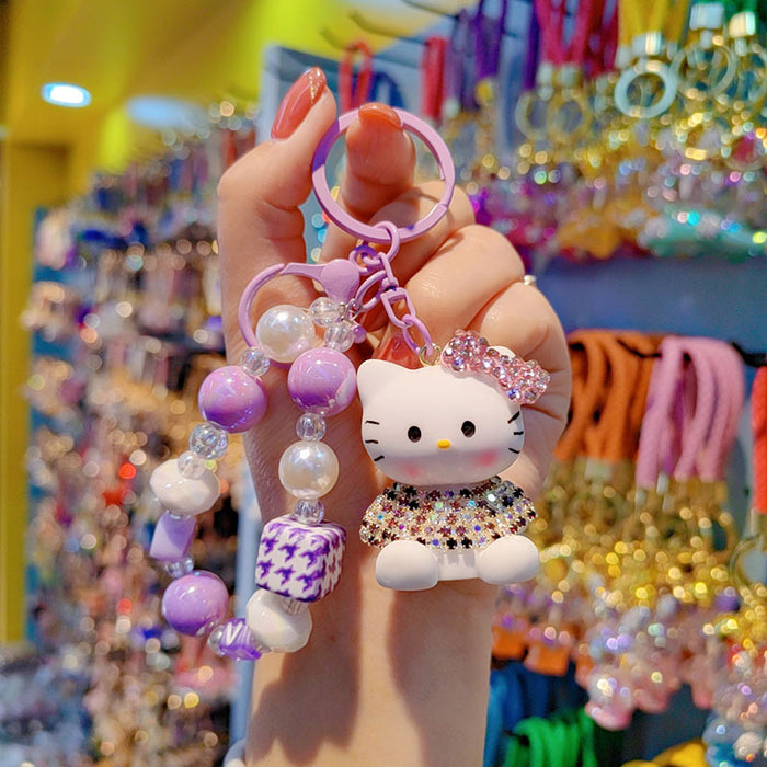 Wholesale Czech Rhinestone Cartoon Cat Keychain Cute Ladies Beaded Bag Charm Phone Pendant Car Key Accessory