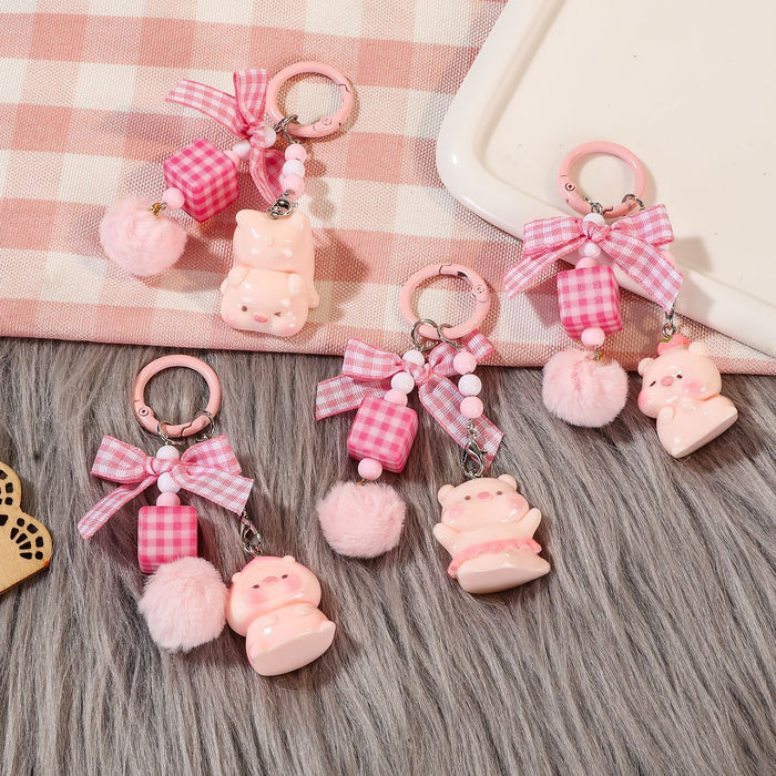 Wholesale Handmade Beaded Pig Keychain Colorful Plush Square Charm Cute Car Key Accessory