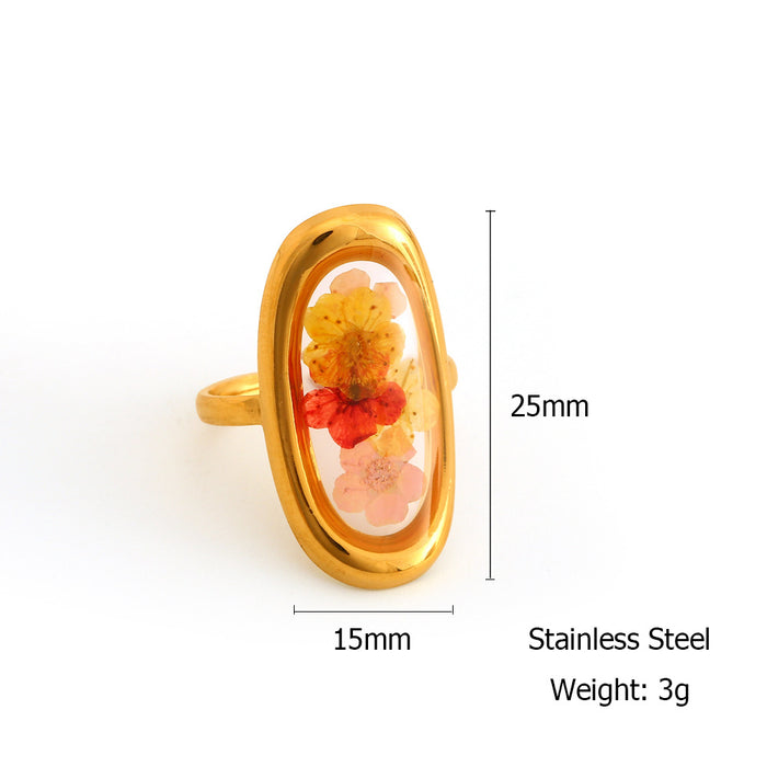 Wholesale Fashionable stainless steel dried flower ring with adjustable opening, retro style multi-color flower ring, color preservation wholesale