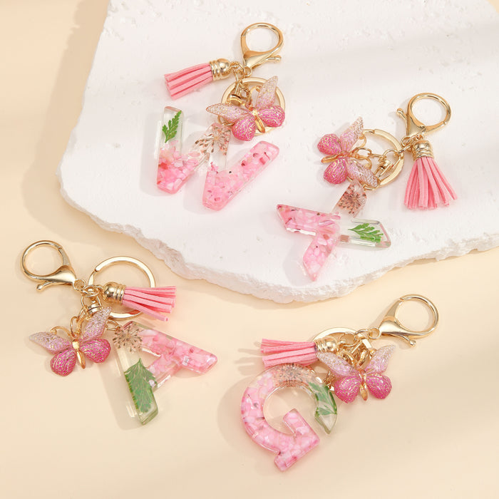 Wholesale Small Daisy Dried Flower Green Leaf Crystal Acrylic Letter Butterfly Tassel Keychain JDC-KC-JiaYi002